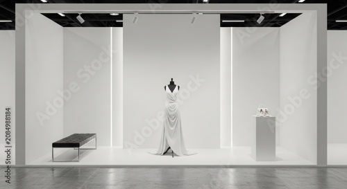 Elegant white dress displayed on a mannequin in a modern, minimalist art gallery or exhibition space with bright vertical lighting and a sleek bench.