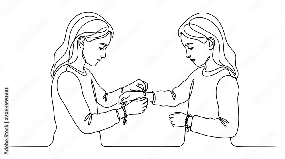 Fototapeta premium Two girls tying friendship bracelets, single line art, connection and bond