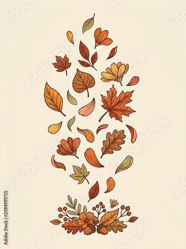 Falling autumn leaves and botanical flowers in vintage style
