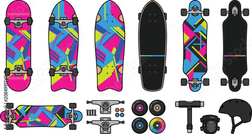 Foto Colorful skateboard collection featuring cruiser longboard deck designs with tru