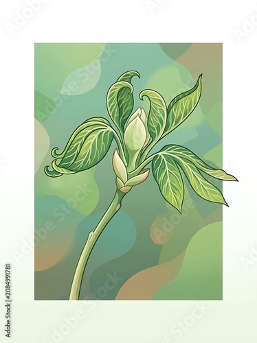 Stylized green plant sprout with fresh leaves on organic background