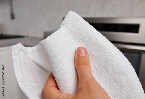 Close-up of a hand holding a clean white folded towel against a modern kitchen background