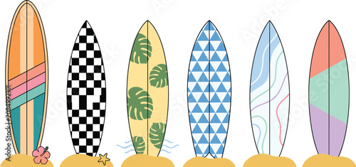 Photography Colorful surfboard collection with modern geometric, tropical, checkerboard and
