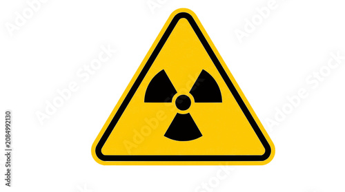A black radiation trefoil symbol centered in a yellow equilateral triangle with a black border. Ideal for safety manuals, laboratory posters, or science educational materials.