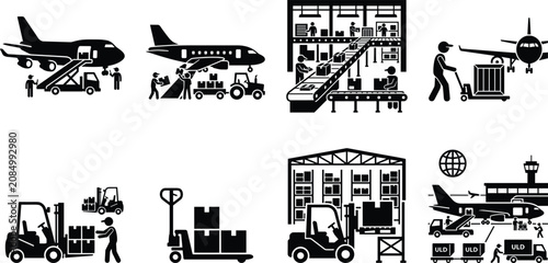 Obraz na plátně Air Cargo Logistics and Airport Ground Handling Silhouette Icons Set for Freight