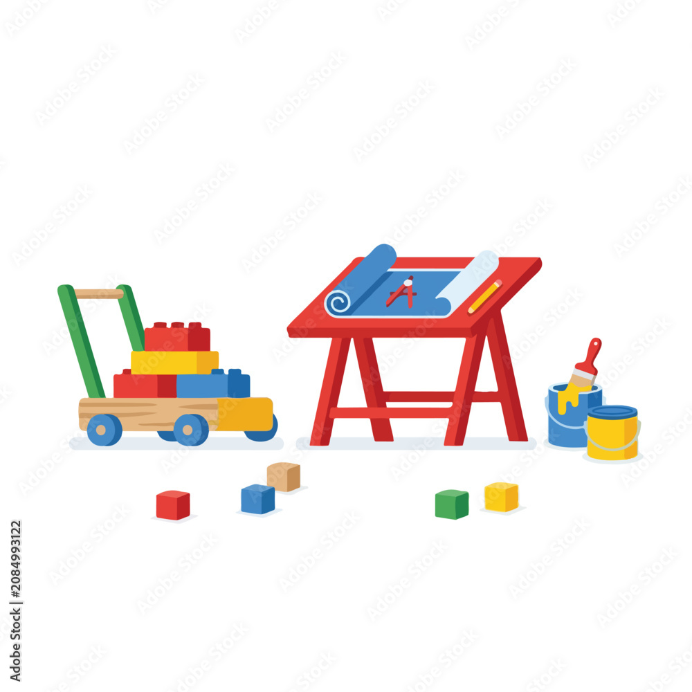 Obraz premium A vibrant vector illustration depicting a red drafting table with blueprints, a toy wagon full of blocks, and colorful paint buckets.