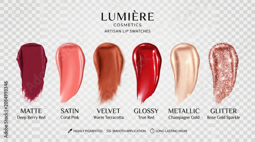 Bild auf Leinwand Lipstick swatches in various textures and colors on white background