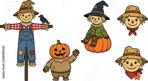 Cuadro en lienzo Cute halloween scarecrow and pumpkin cartoon characters vector illustration collection featuring straw man overalls witch hat crow and face elements