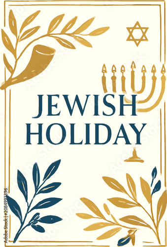 Billede på lærred A festive Jewish holiday greeting card featuring a menorah, shofar, and Star of David, adorned with decorative branches