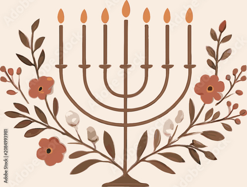 Foto A beautifully illustrated menorah adorned with floral elements and lit candles, symbolizing Hanukkah traditions