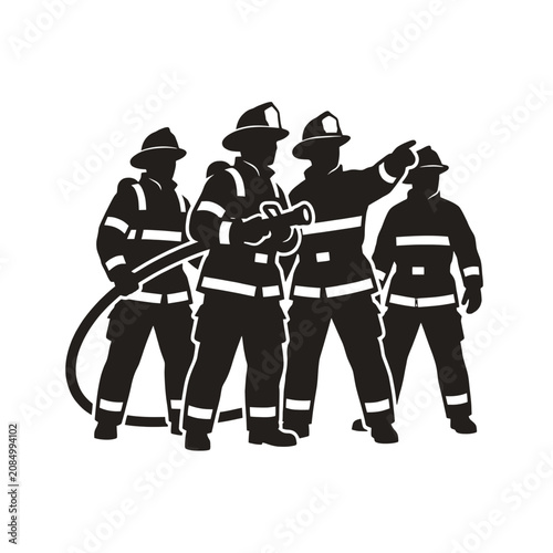 Four firefighters in protective gear standing together with a hose, ready for action in a bold black and white silhouette illustration
