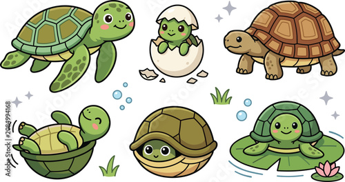Konstfotografi Cute turtle collection featuring sea turtles, tortoise, hatching baby turtle and