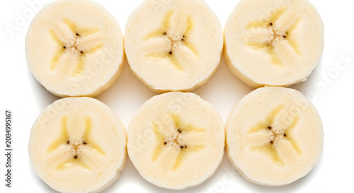 Six Sliced Bananas Arranged in Two Rows fruit food