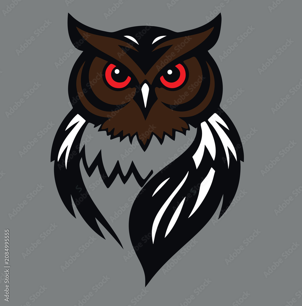 Obraz premium A bold and eye-catching cartoon owl vector illustration featuring striking red eyes, detailed feather shapes, and a clean modern design. This high-quality EPS artwork is perfect for logos, mascots,