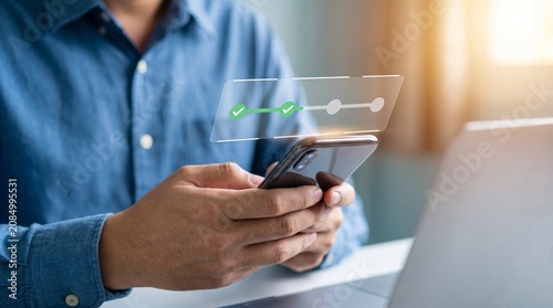 Foto Adult using smartphone for secure mobile verification with digital checklist int