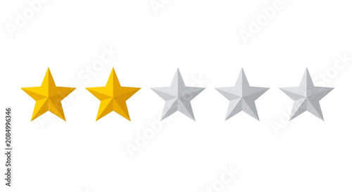 Two out of five gold stars rating system for customer feedback and quality review on a white background