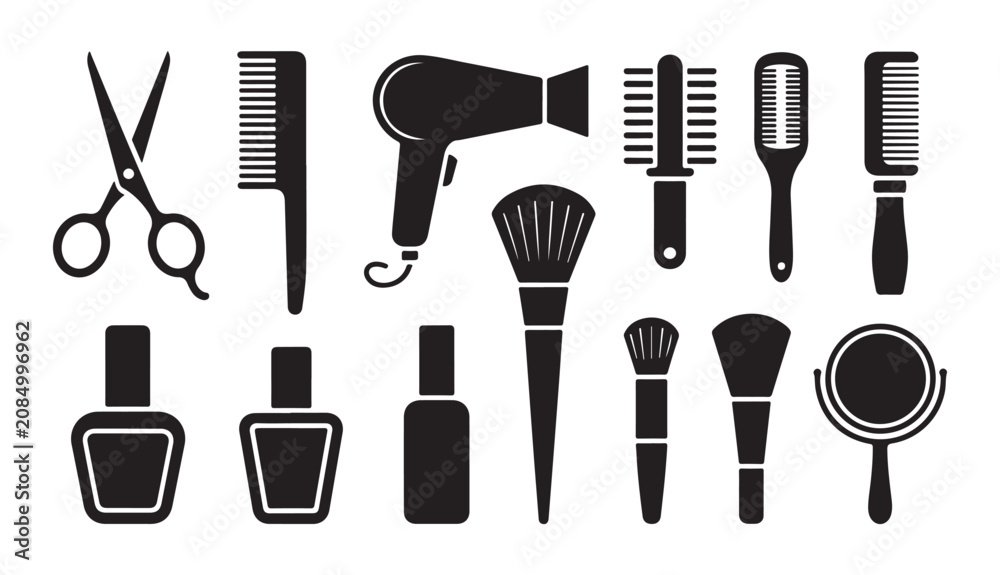 Fototapeta premium Vector set of beauty and hair salon icons including brushes scissors dryer and nail polish.