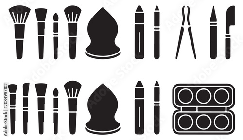 Set of makeup artist tools and accessories, black icons on transparent background.
