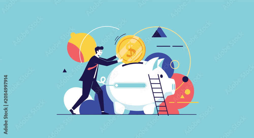 Obraz premium Businessman character carefully placing a large gold dollar coin into a giant white piggy bank for future financial savings.