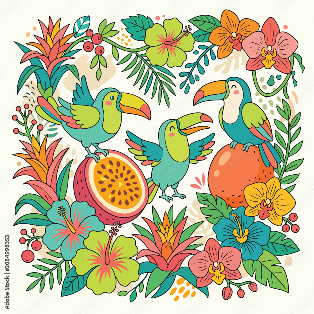 Obraz premium Vector Pattern Tropical Birds and Flowers in Modern Organic Style with Bright Color Palette