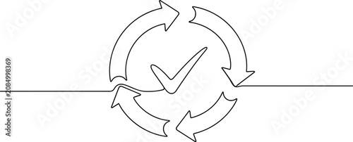 Continuous Improvement Cycle with Checkmark Icon - One Line Drawing
