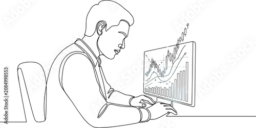 Businessman analyzing stock market graph on computer screen, continuous line art
