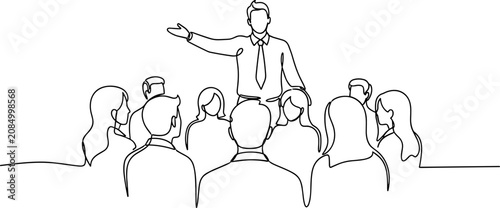Tableau sur toile Speaker addressing audience, one line drawing, business meeting, presentation