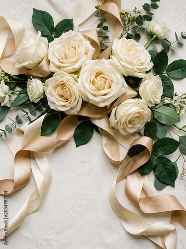 Vertical Flat Lay of White Roses with Champagne Ribbon and Copy Space