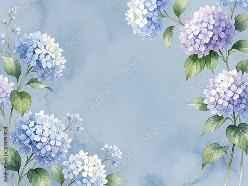 Watercolor Blue and Lavender Hydrangea Floral Border Background