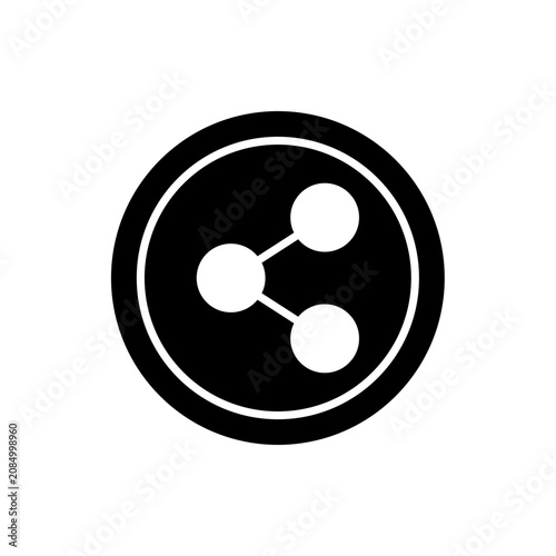 Share icon button glyph. Vector solid silhouette illustration of a social media sharing symbol in circular badge frame for network connection, link distribution, send post, and web app ui.