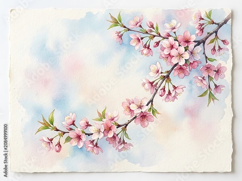 Watercolor illustration of a pink cherry blossom branch on soft pastel background