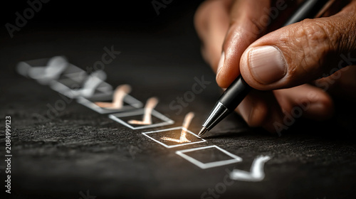 Business performance checklist concept with professional completing online survey marking checklists evaluating workflow performance metrics and strategic business improvement
