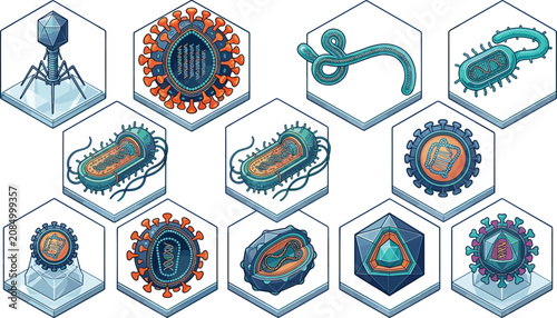 Cuadro en lienzo Isometric virus and bacteria collection featuring pathogenic microorganisms bact