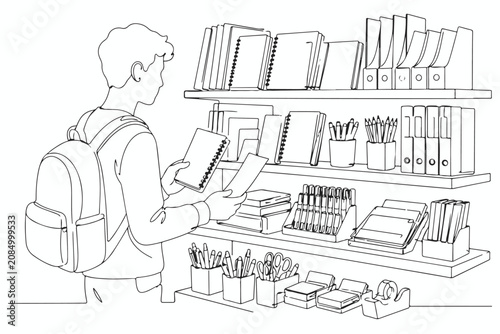 Stationery shopping Line art illustration of person browsing stationery shelves with backpack and notebook in organized store scene