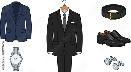 Cuadro en lienzo Men formal suit and classic business fashion accessories vector illustration collection featuring blazer jacket hanger leather shoes belt watch and cufflinks elements