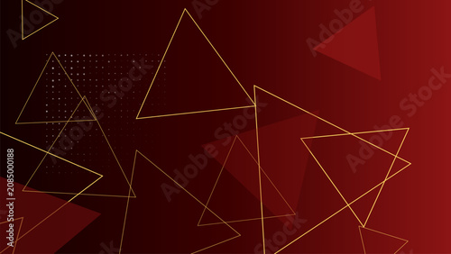Canvastavla Abstract dark red background with golden geometric wireframe triangles and digital network connection lines