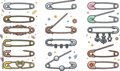 Konstfotografi Safety pin collection featuring decorative sewing brooch diaper and jewelry pins