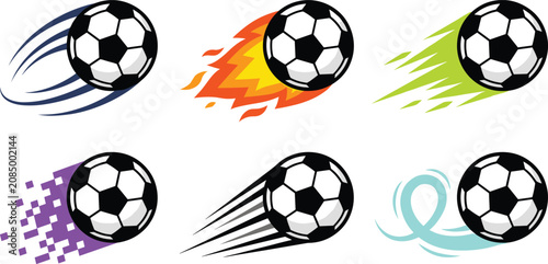 Foto Soccer ball motion collection featuring flying footballs with speed trails flame