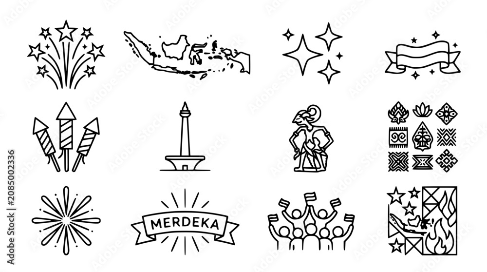 Fototapeta premium Indonesia Independence Day Icons: Map, Fireworks, Monas, Wayang, Merdeka Banner