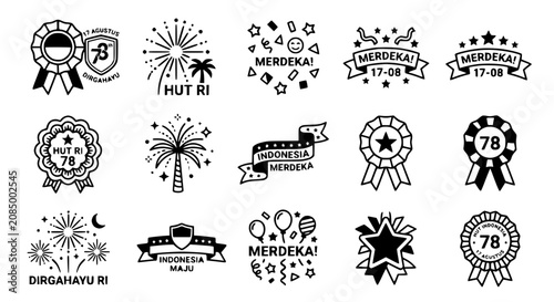 Indonesian Independence Day Icons: Merdeka 78, Fireworks, Ribbons, Stars & Palm Tree