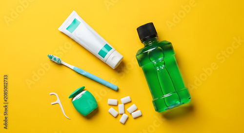 Dental care on yellow background with toothbrush toothpaste mouthwash floss and dental flossers