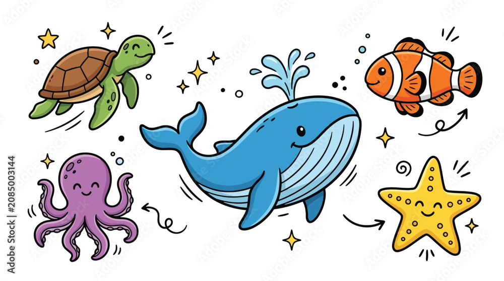 Fototapeta premium Adorable aquatic sea life doodle vector collection with smiling blue whale cute sea turtle purple octopus orange clownfish and starfish