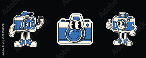 Retro Cartoon Camera Characters Set in Vintage Rubber Hose Illustration Style