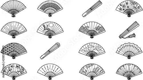 Fotografie Black and White Line Art Collection of Traditional Japanese Fans with Decorative