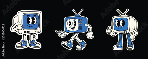 Set of Retro Cartoon TV and Computer Monitor Characters in 1930s Rubber Hose Animation Style