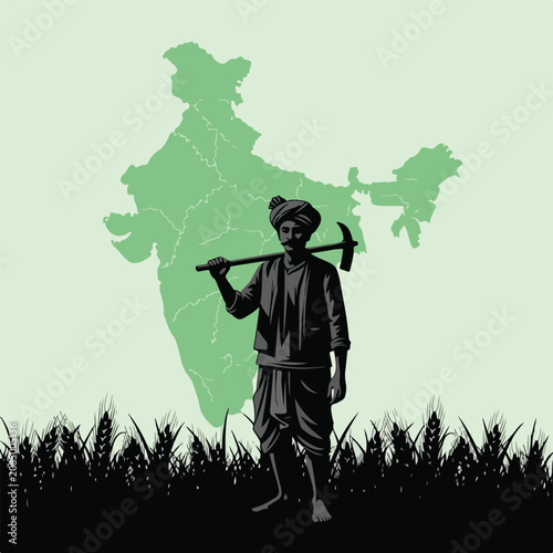 Indian Farmer Silhouette with Map of India