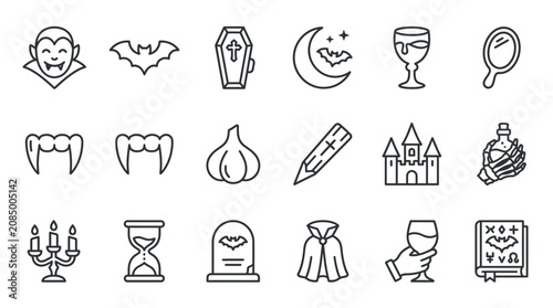 Halloween icons set with vampire, bat, fangs, tombstone, candle and hourglass