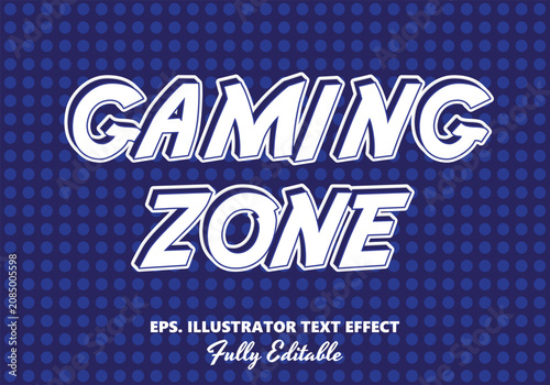 Gaming zone text effect with comic book style lettering on blue polka dot pattern typography editable creative lettering branding template headline illustration