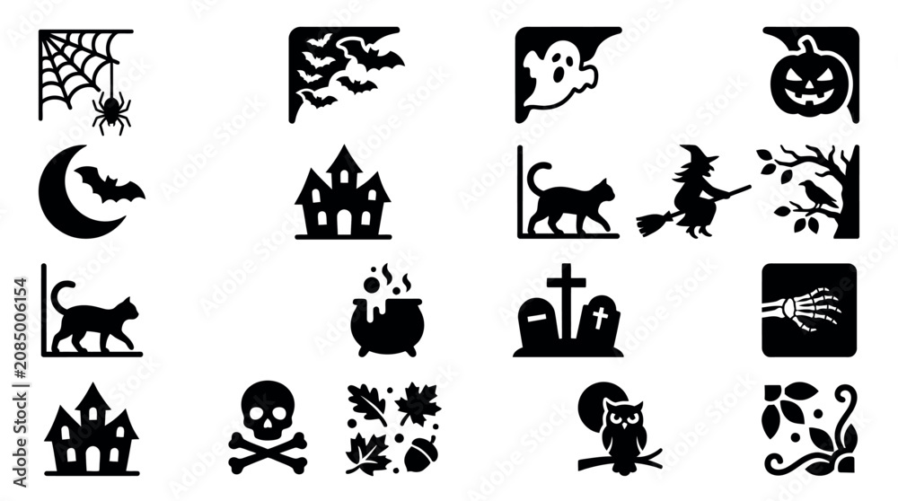 Fototapeta premium Halloween spooky icons set with spider web, bats, haunted house, black cat, moon and skull vector illustration