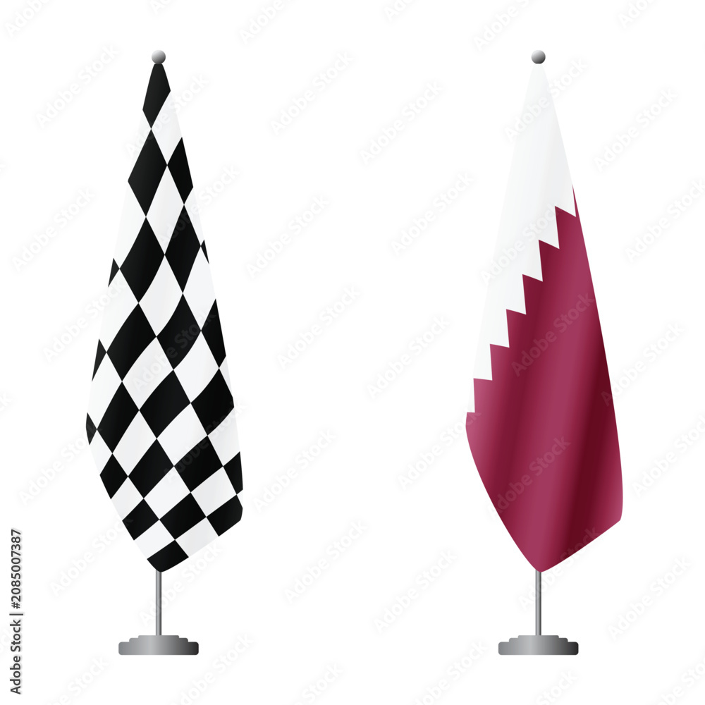 Obraz premium Checkered and Qatar flags on flagpoles for official ceremonies and meetings, transparent background vector